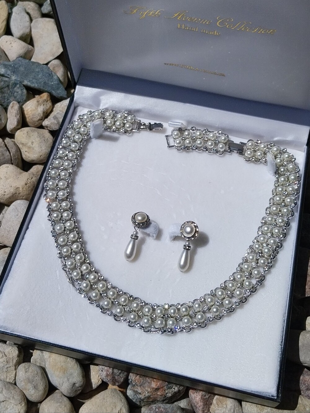 Pearl-Accented Silver-Tone Necklace with Drop Earrings Handmade